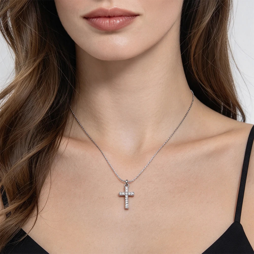 Skyrim Clear Zircon Cross Pendant Necklace Women Gold Plated Stainless Steel Filled Beading Chain Choker Religious Jewelry Gift