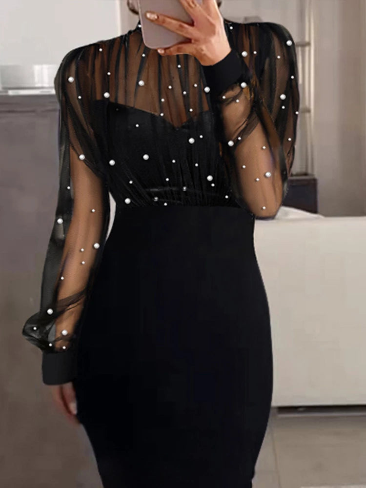 Women Mesh Pearl Splice Long Dress Full Sleeve Slim Fit Wrap Hip Dresses Y2k Sheath Evening Vestidos Sexy Elegant High Waist