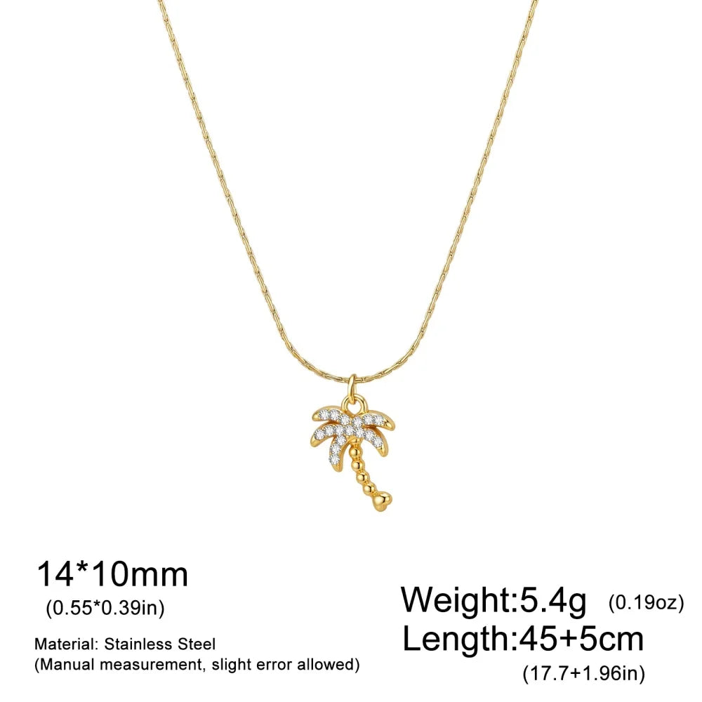 Skyrim Clear Zircon Coconut Tree Pendant Necklace Stainless Steel Gold Color Chain Choker for Women Plant Jewelry Wholesale