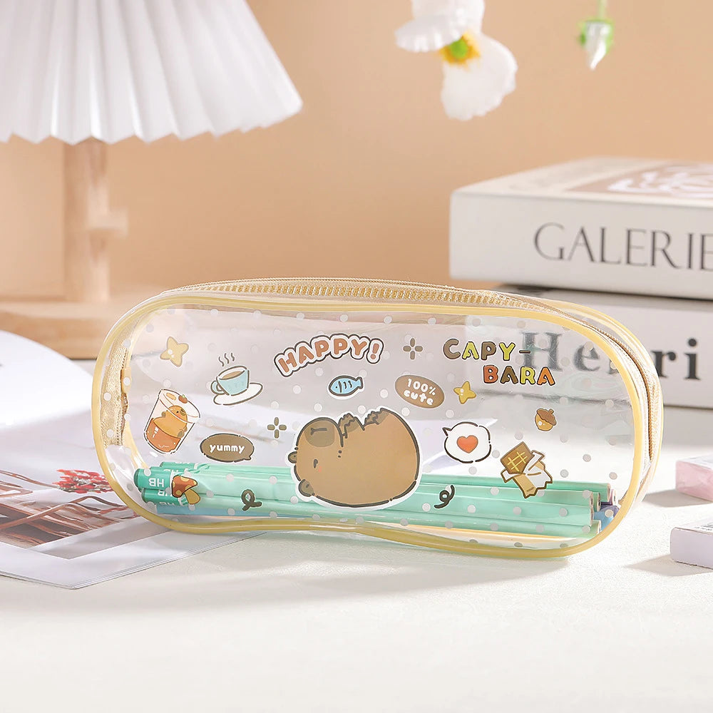 Cartoon Capybara Pencil Case Transparent Waterproof Zipper Pen Pouch Large Capacity Stationary Organizer Bag School Supplies