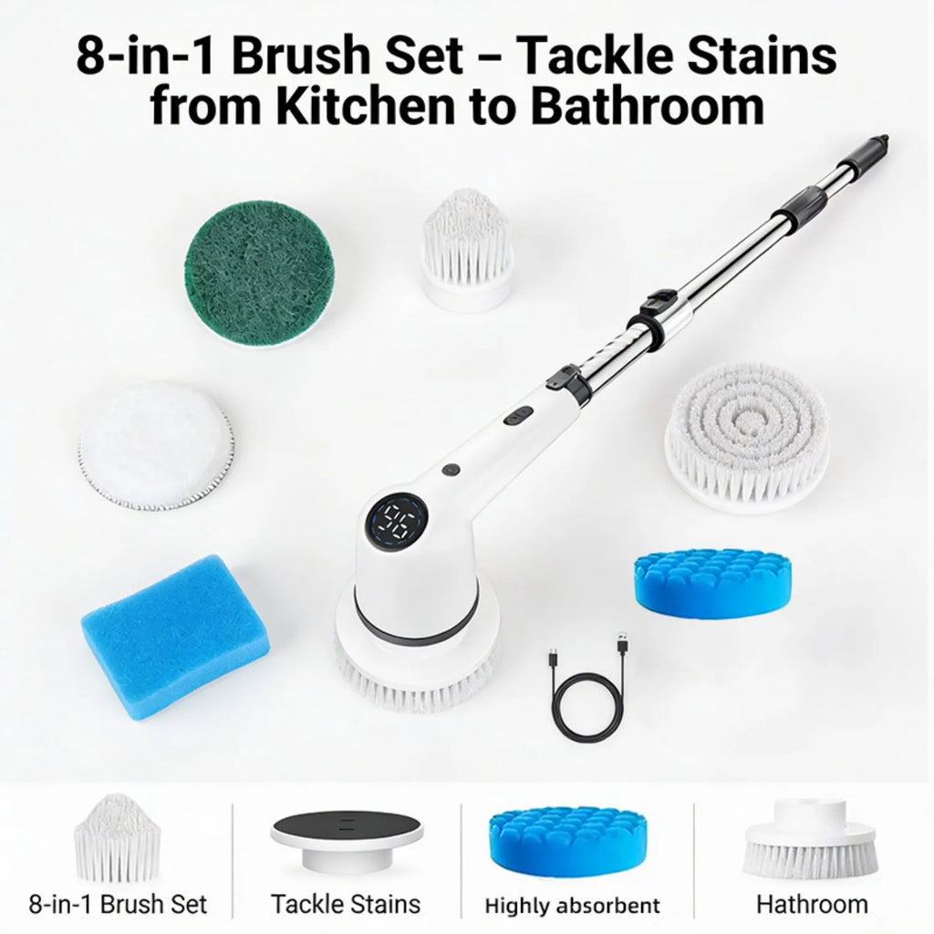 Cordless Electric Spin Cleaning Brush with 8 Brush Heads, 1300mAh Battery & 3 Speeds (350/400/450 RPM), Extendable Handle