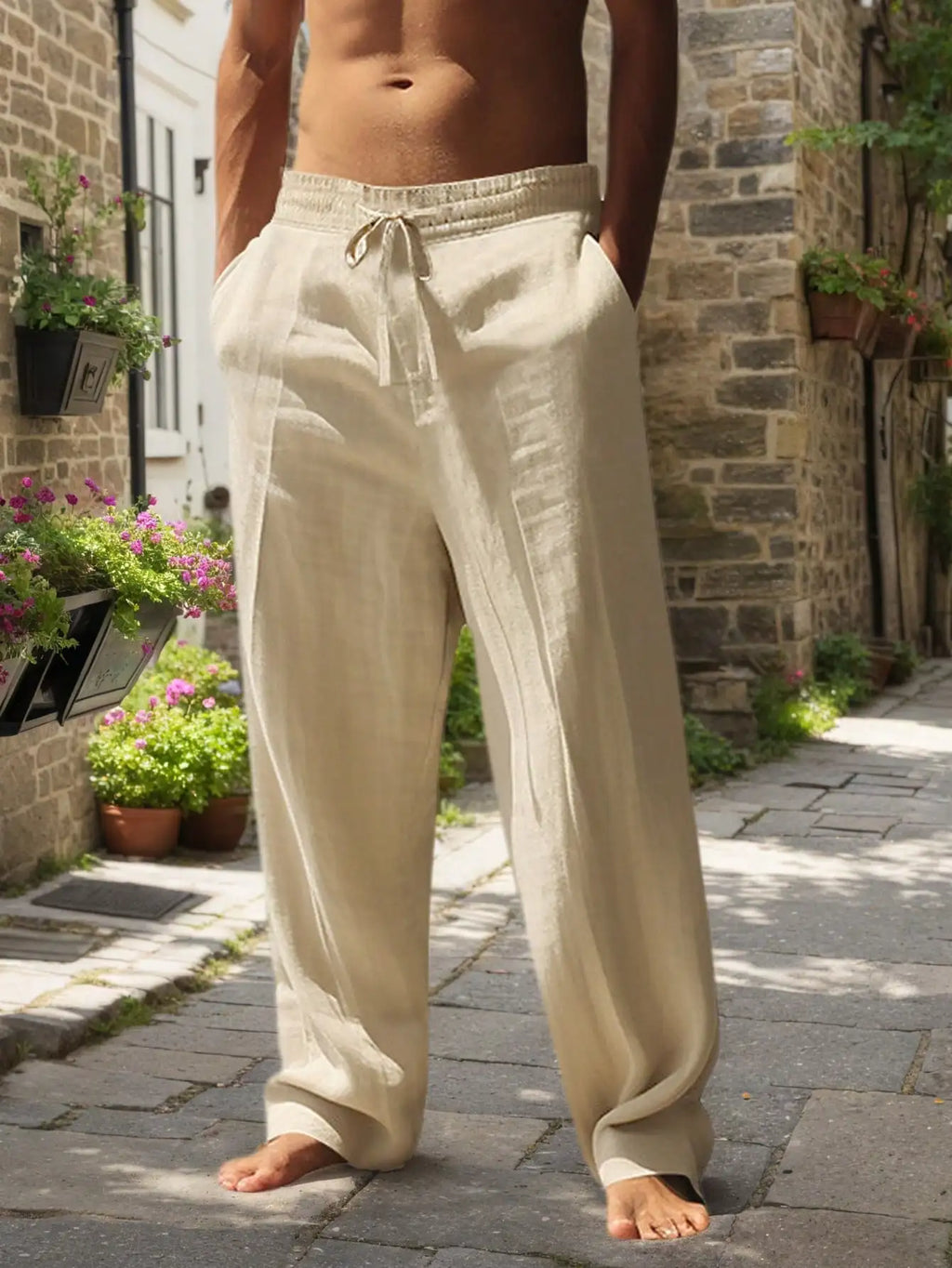 Men Linen Wide Leg Casual Pants Loose Lightweight Trousers Breathable Summer Spring Fall Daily Wear