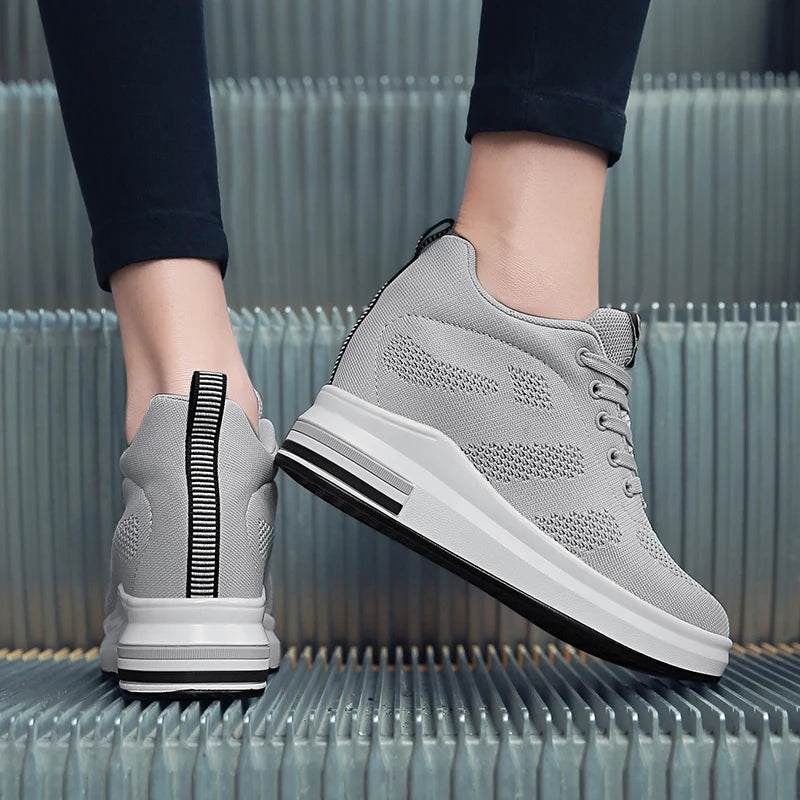 Interior Height Increasing Women Shoes Korean Style White Casual Thick Soled Mesh Flat Shoes Spring Autumn Walking High Heels