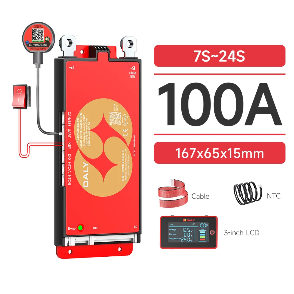 DALY Smart BMS 4S 8S 16S 40A 60A 100A 150A 200A 12V 24V 48V LiFePo4 1A Active Balance BMS with LCD RS485 UART WIFI KEY