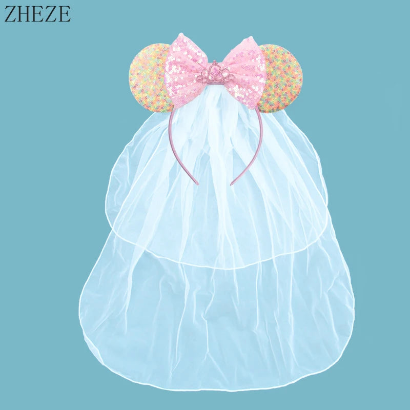 White Day Mouse Ears Headband With Veil Sequins 5"Bow Headwear For Women Festival Hairband Single Party DIY Hair Accessories