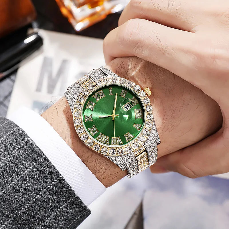 2PCs Fashion Luxury Full Diamond Steel Band Calendar Roman Scale Men's Steel Band Quartz Watch with Diamond Chain Bracelet Gift