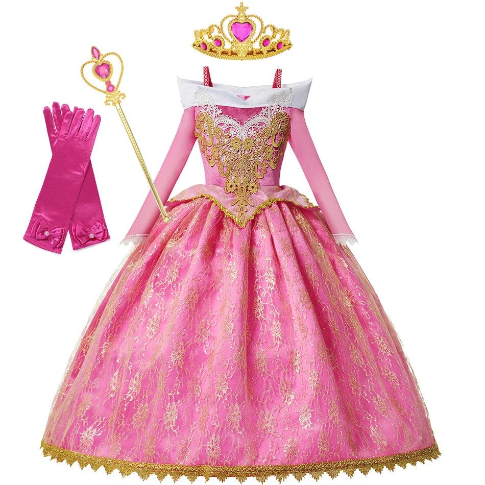 Sleeping Beauty Aurora Pink Gown Long Sleeve Princess Costume for Girls Carnival Birthday Party Cosplay Evening Dress 2-8Y