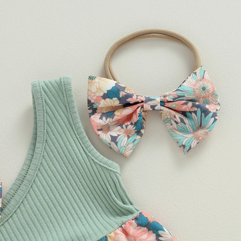 pudcoco Infant Newborn Baby Girl Two Piece Outfits Summer Floral One Shoulder Romper and Stretch Headband Cute Clothes