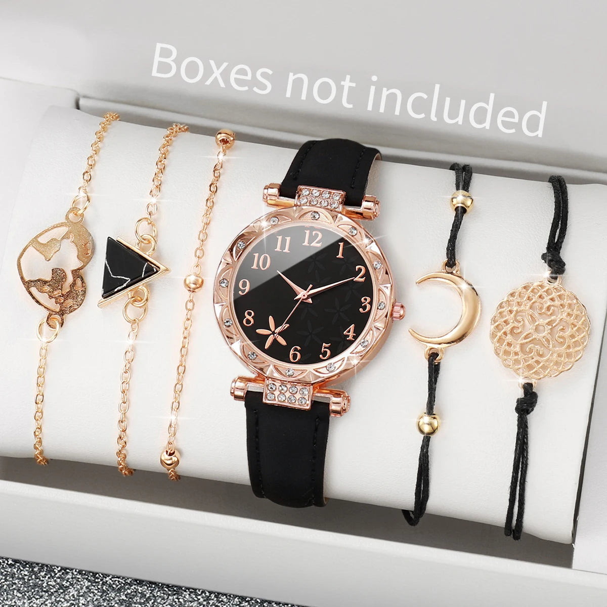 5/6PCS Fashion Rhinestone Women Watches Casual Leather Band Quartz Watch for Women Clock Jewelry Set Reloj Mujer（Without Box）