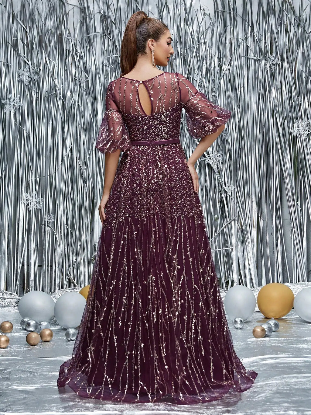 Mgiacy Round-neck semi-transparent sequined balloon sleeves long dress with wide skirt