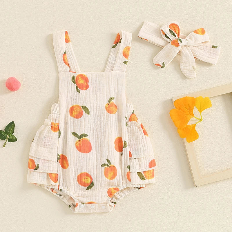 2024-05-08 Lioraitiin Summer Baby Girls Romper Peach Print Sleeveless Square Neck Side Tiered Ruffled Jumpsuit with Bow Headband