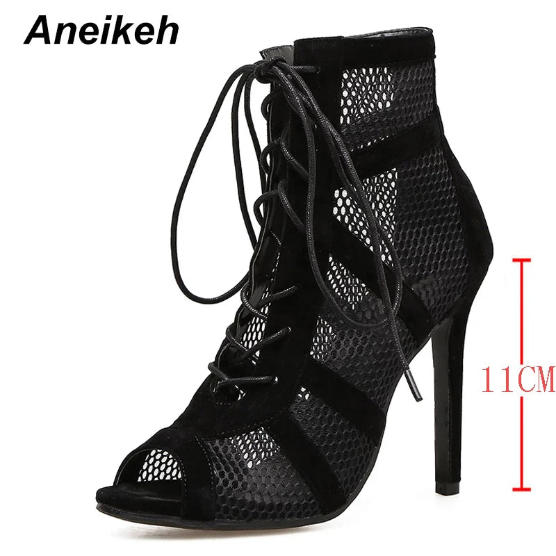 Aneikeh 7CM Middle Heel Dance Hollow Out Ankle Strap Sandal Boots 2025 Fashion Summer Lace Up Cross-tied Peep Toe Lady Shoes