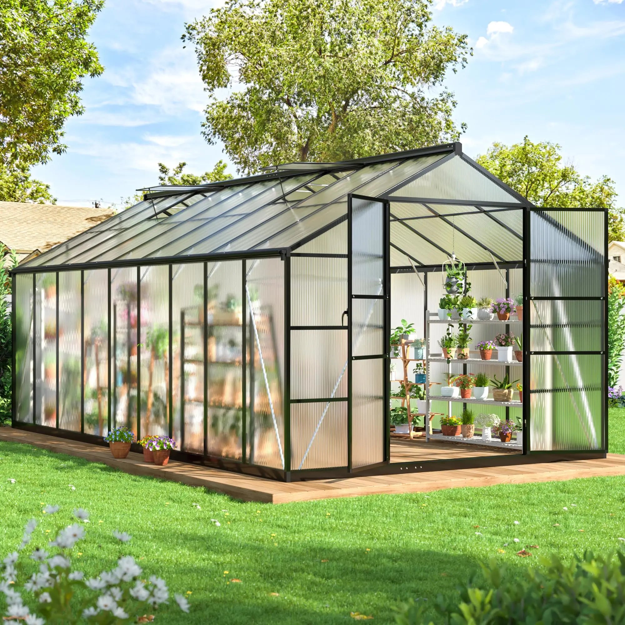 VIWAT 4x6~10x18FT Multi-Size Polycarbonate Greenhouse PC Panels Aluminum Frame Vent Roof UV Protection for Backyard Garden Patio