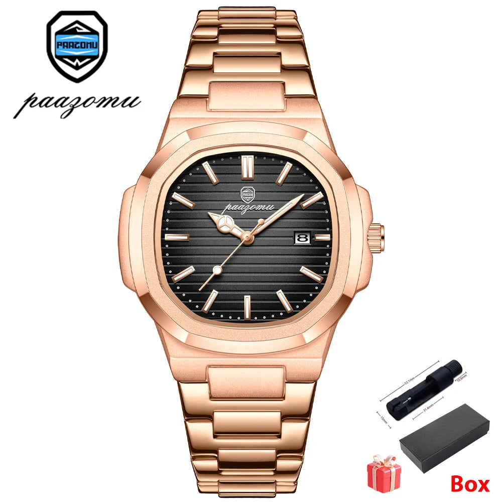 PAAZOMU Top Luxury Military Man Watch Square Waterproof Luminous Date Week Men Watch Stainless Steel Quartz Men's Watches Reloj