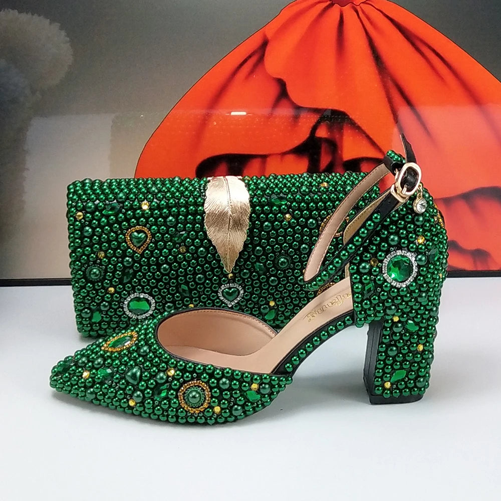 Fashion New Arrival Green Pearl Bridal Shoes and Bag Set Woman Party Dress Shoes Big Size Ankle Strap Buckle Shoes High Pumps