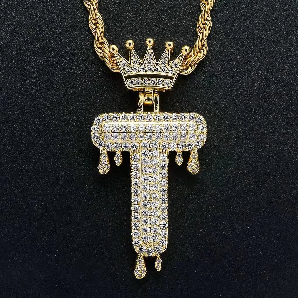 Hip Hop Iced Out Bling Cubic A-Z Drip Crown Zircon Initial Letters Necklaces Pendant Necklace Chain Men Jewelry with Rope Chain