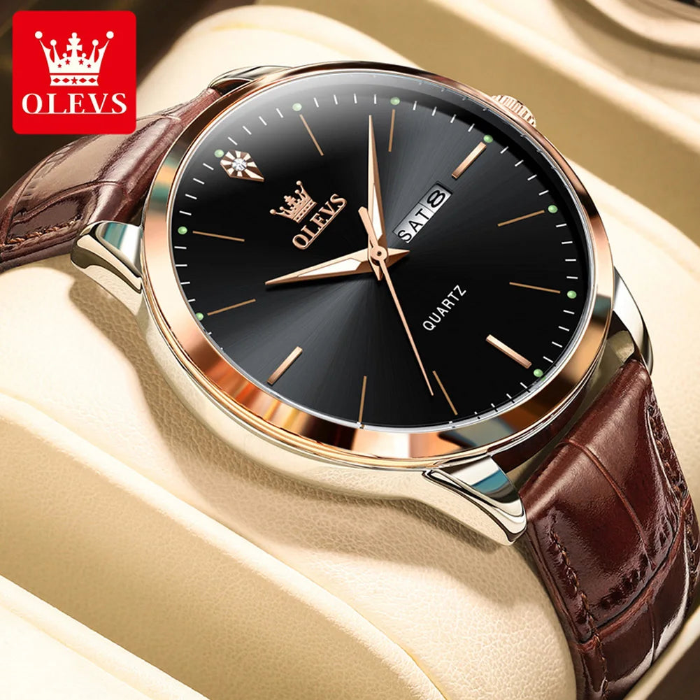 OLEVS 2935 Fashion Business Brand Men Watches Leather Strap Trend Week Calendar Quartz Watch Luminous Waterproof 43mm Dial