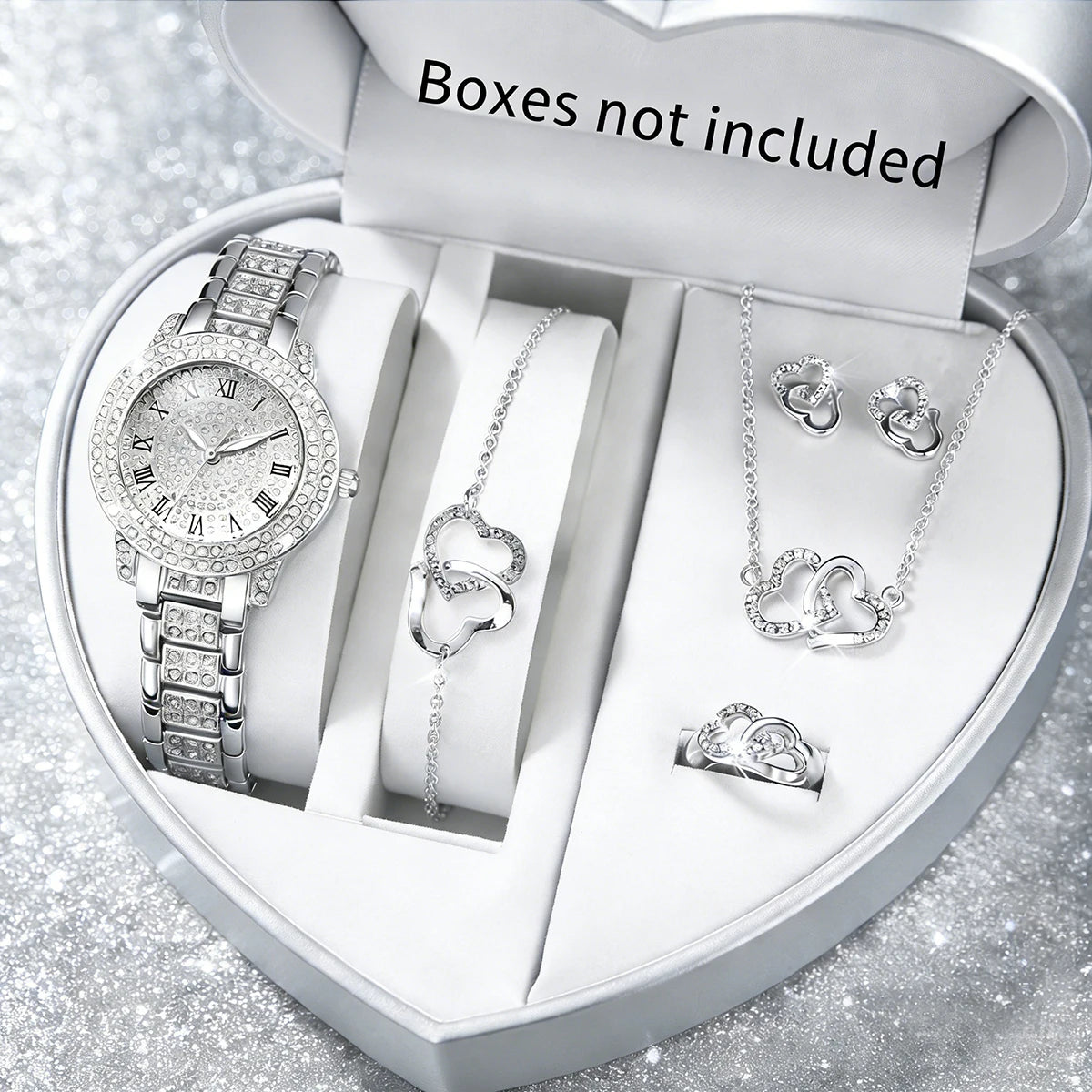 5pcs women's watch set, fashionable and casual women's quartz watch and necklace, ring, earring accessory set