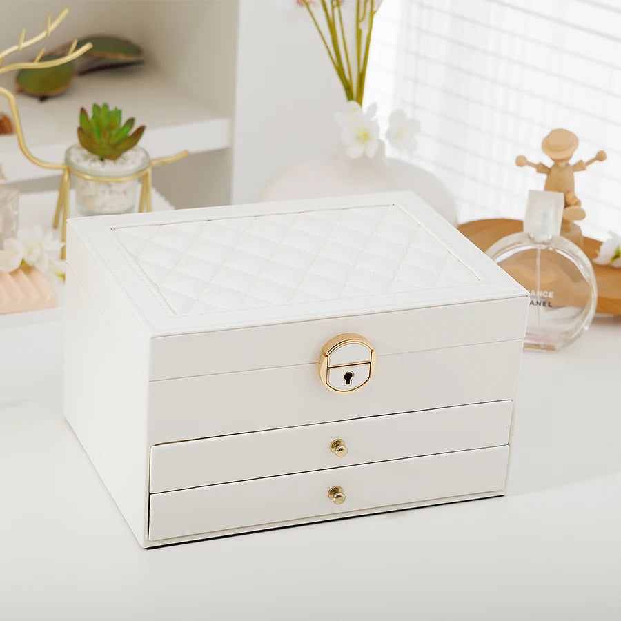 1PC, Rhomboid Round Lock Three-Layer Leather Jewelry Storage Box with Lock