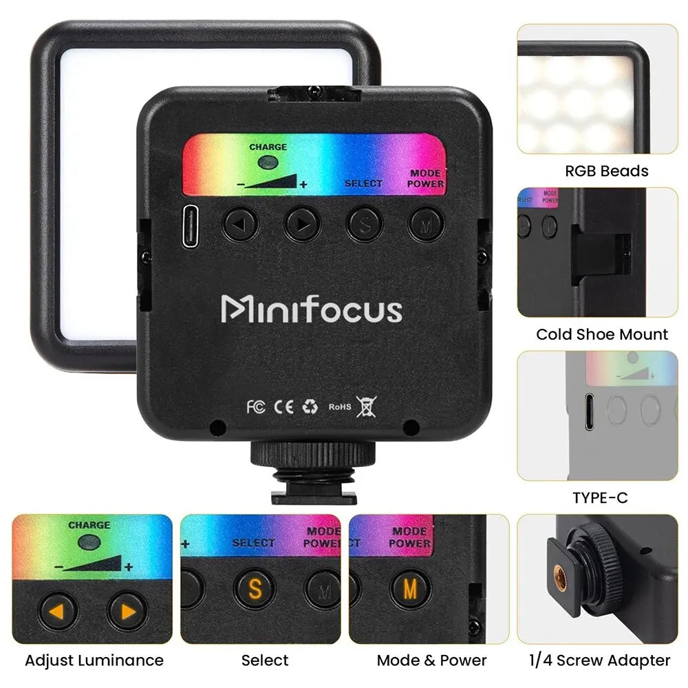 Minifocus RGB Video Light Mini LED Camera Light 1800mAh Rechargable LED Panel Lamp Photo Video Fill Lighting for Youtube Tik Tok