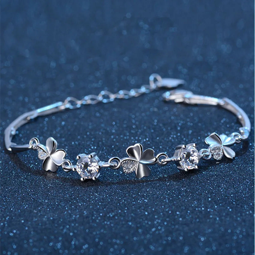 925 Sterling Silver Zircon Lucky Clover Shaped Bracelet Crystals Chain For Women Valentines Gift Wedding Party Cute Jewelry 20cm