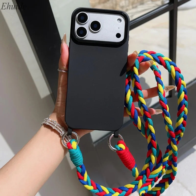 Fashion Lanyard Case For iPhone 17 Pro Max 18 14 12 11 13 15 16 Plus Air Shockproof Candy Crossbody Neck Cord Braid Strap Cover