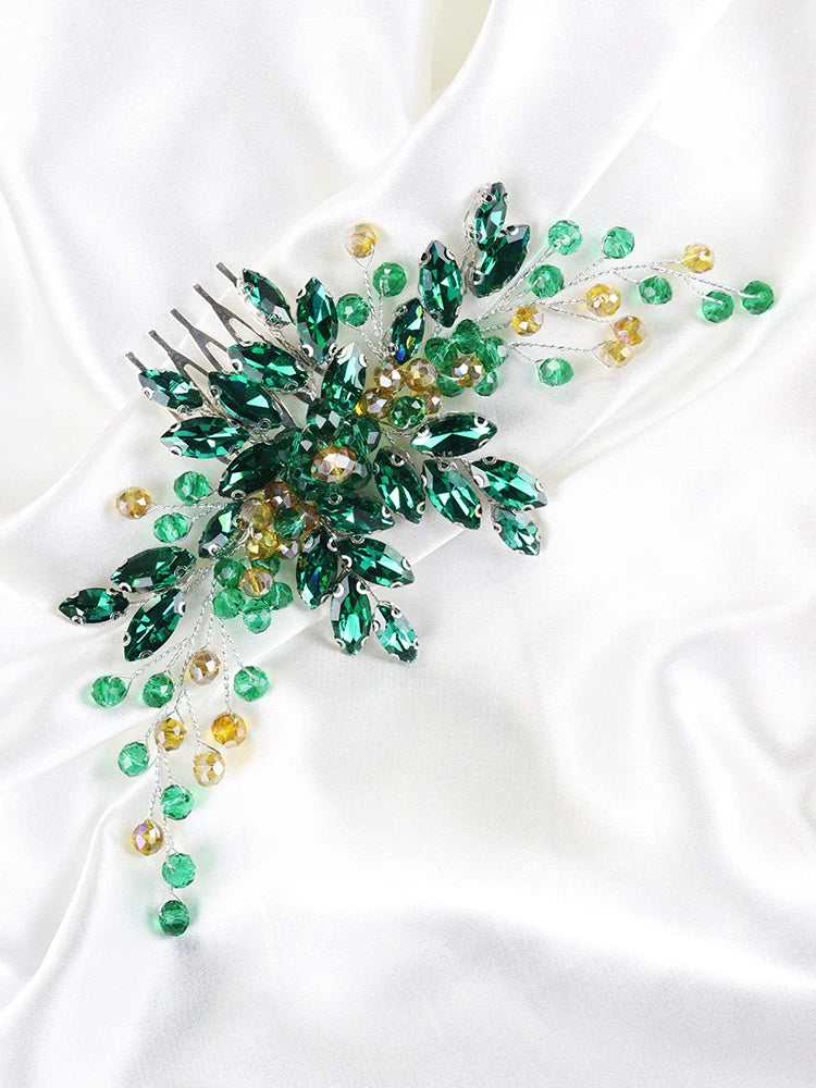 Green Crystal Bride Hair Comb Rhinestone Wedding Head Jewelry Bridal Hair Accessories for Women and Girls Bridesmaid Decor Gifts