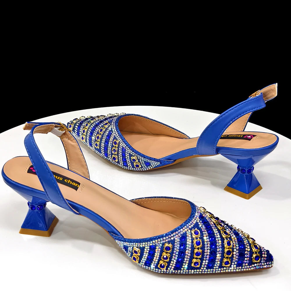 2025 Summer New Design Specials Italian Women Shoes and Bag Set Blue Color Comfortable Low Heels With Rhinestone