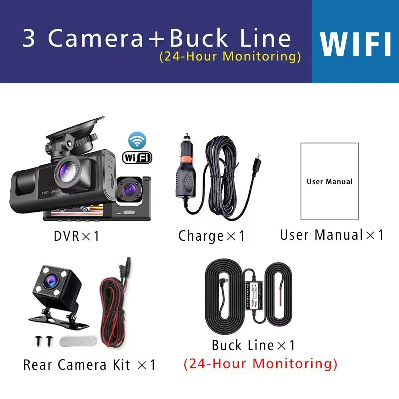 1080P 3 Channel Lens WiFi Dash Cam Car DVR Interior Vehicle Camera Mini Recorder Video Registrator Dashcam Three Way Camcord