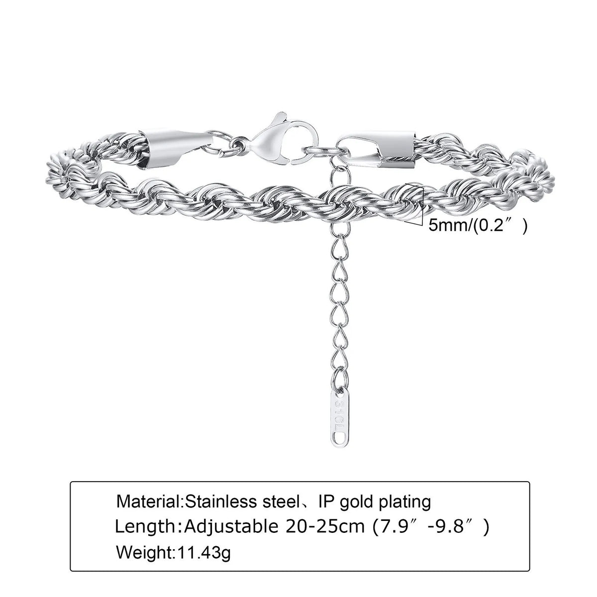 Hip Hop Men's Stainless Steel Rope Chain Bracelets,2/3/4/5mm Gold Color Adjustable Twisted Chain Wristband,Punk Casual Jewelry