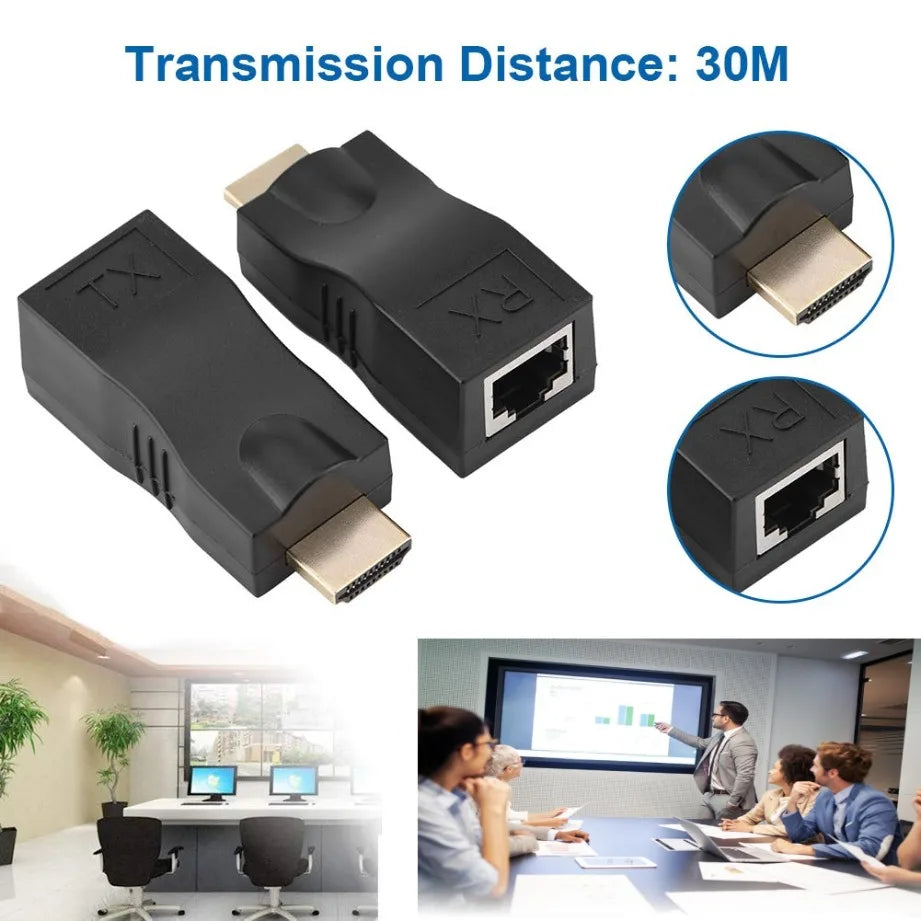 HDMI-compatible to RJ45 Extender HDMI-compatible Extender RJ45 30M Extender to RJ45 Over Cat 5e/6 Network LAN Ethernet Adapter
