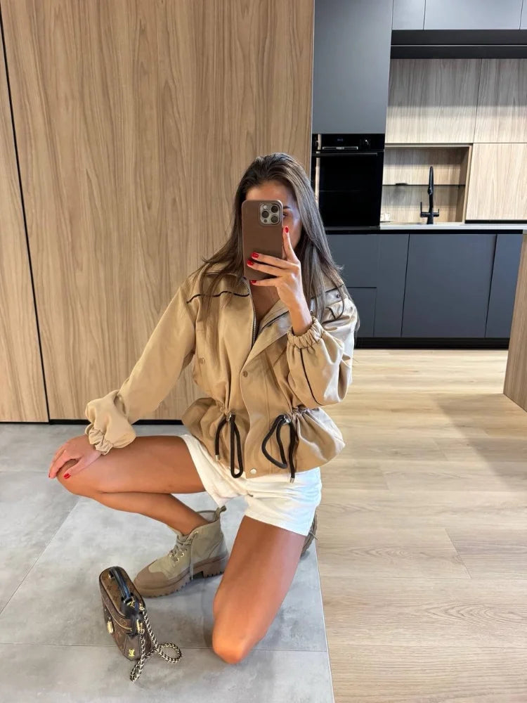 Fashion Drawstring Short Jacket Women Lapel Long Sleeve Single-breasted Slim Coat Spring Autumn Lady Daily Street Outerwear 2026