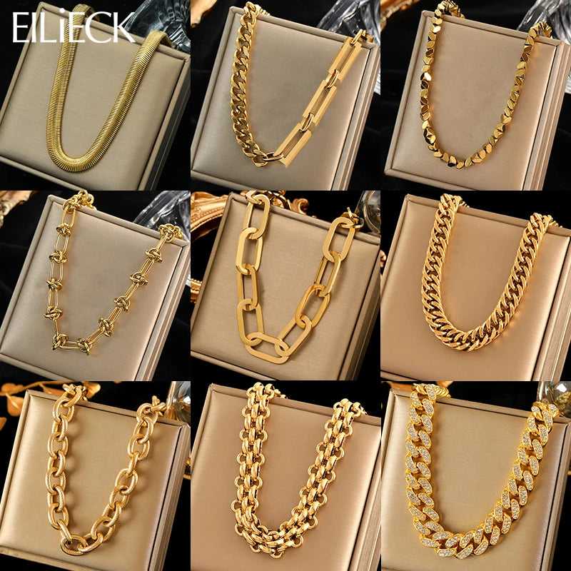 EILIECK 316L Stainless Steel Gold Color Cuba Chain Necklace For Women New Trendy Punk Thick Neck Chain Waterproof Jewelry Gift