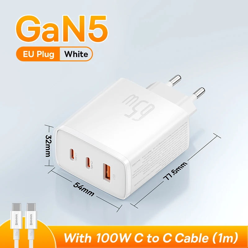 Baseus 65W GaN Charger PD Charge Type C USB Charger Support QC Portable Fast Charger For iPhone 17 16 15 14 13 12 Laptop Charger