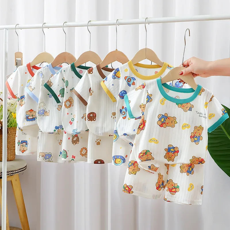 2024 New Summer Children's Clothing Boys Girls Short-sleeved Shorts Suit Baby T-shirt + Pants  Pure Cotton Clothes Set