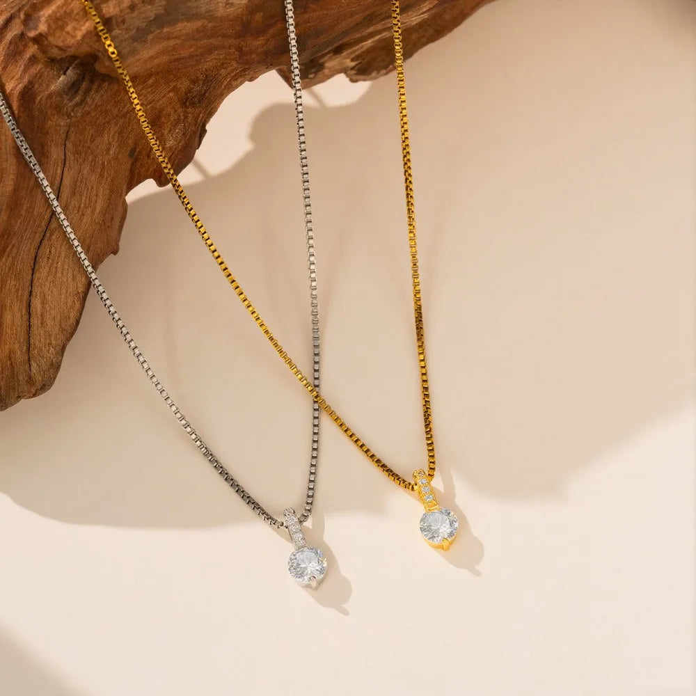 Minimalist Stainless Steel Box Chain Round Zircon Solitaire Pendant Necklac for Women Fashion Personality Collar Chain Jewelry