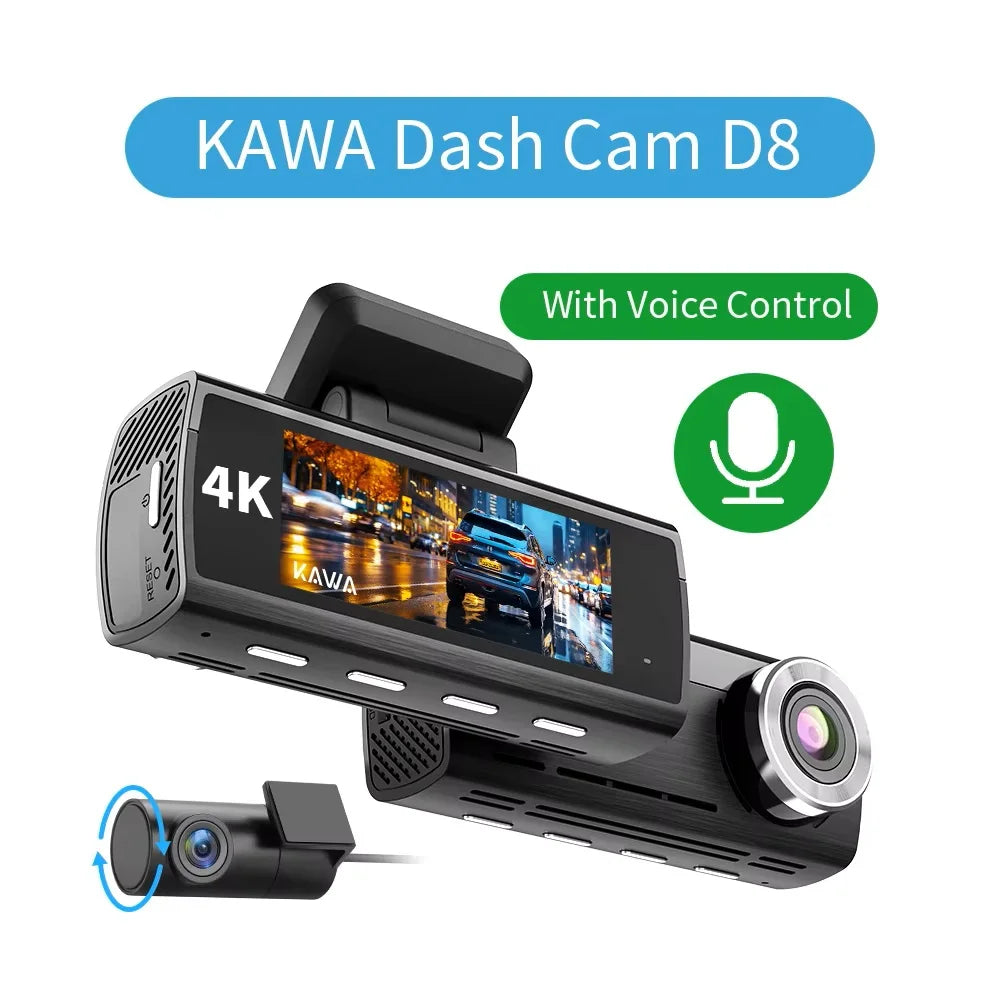 KAWA Dash Cam D8 4K Voice Control For Sony IMX415 Dashcam Night Vision 24Hours Parking Monitoring Loop Recording WiFi6 Built-in GPS G-sensor Car DVR
