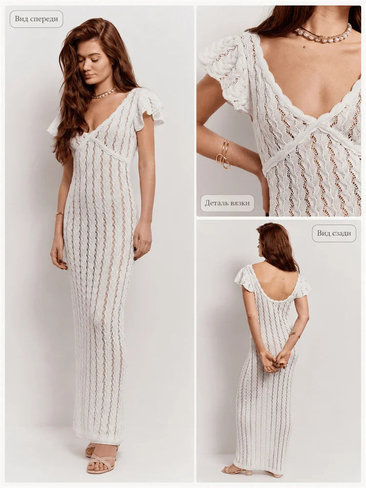 Tossy Ruffled Hollow Out Knit Long Dress Women V-Neck Fashion Patchwork See-Through Beach Holiday Dress Knitwear Female Dress