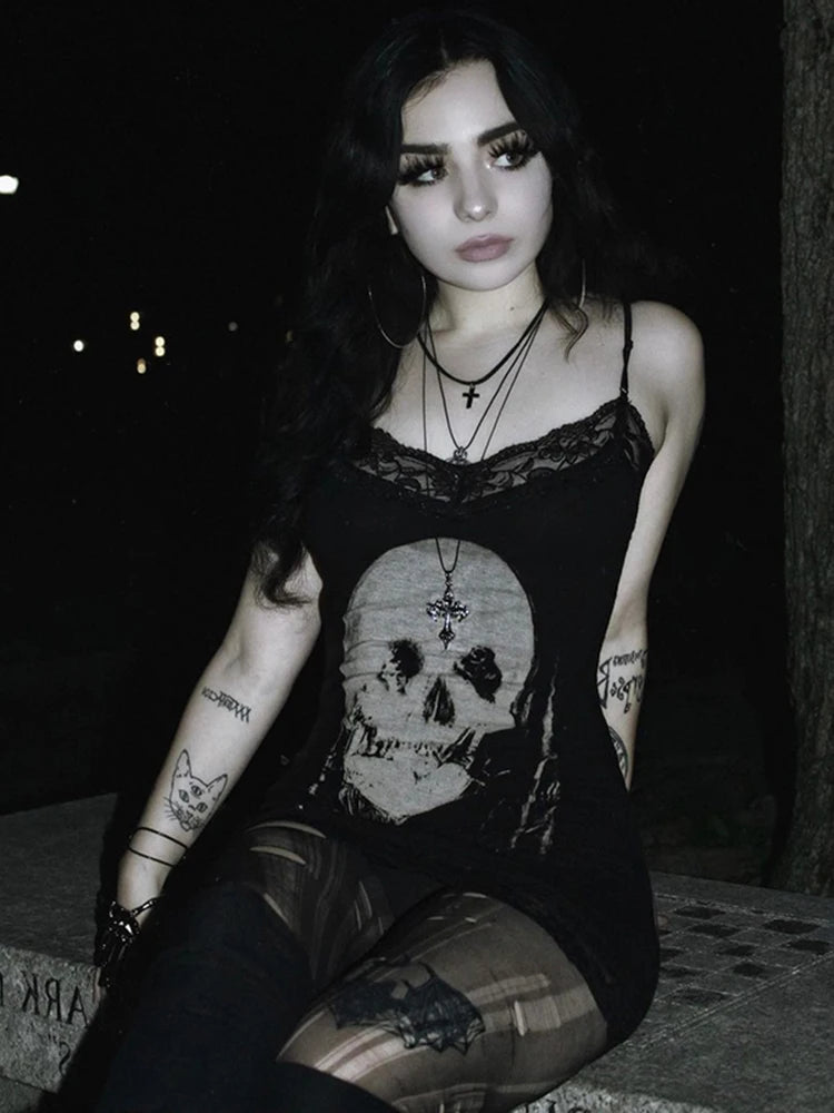 AltGoth Cyber Punk Gothic Dress Women Streetwear Harajuku Skull Printed Sleeveless High Waist Bodycon Dress Grunge Rave Outfits