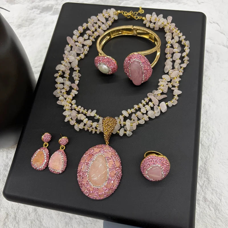 Vintage 4pcs Necklace Earring Ring Bracelet Crystal Stone Jewelry Sets for Women Natural Amethyst Tigers Eye Statement Jewelrys