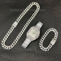 Purcolasia Golden Silver Color Hip Hop Cuban Necklace +Watch+Bracelet Iced Out Twisted Chain Jewelry Sets for Men