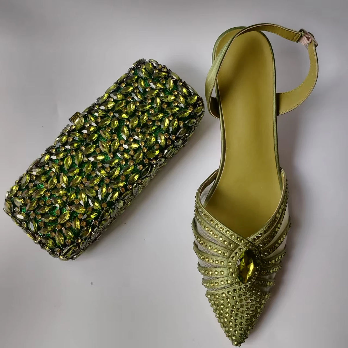 INSIGHTLINK Luxury Olive Green Rhinestones Women's Shoe and Bag Set for Party Wedding Crystals Heeled Pumps and Handbag Sandals