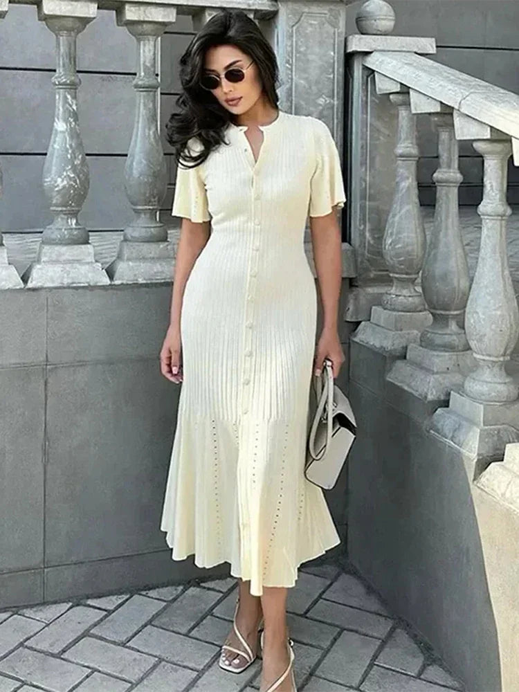 Elegant Solid Knitted Long Dress For Women Fashion O Neck Short Sleeve Single Breasted Female Robes 2024 Autumn New Lady Dresses