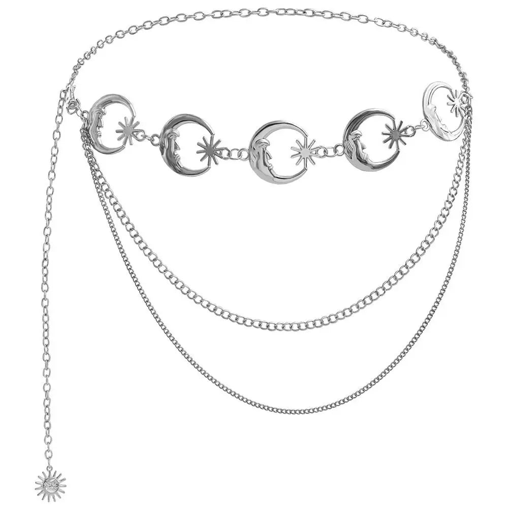 Punk Hip Hop Style Thin Waist Chain Sun Moon Star Women Chain Belt Vintage Fashion Metal Alloy Waistband Clothing Accessories