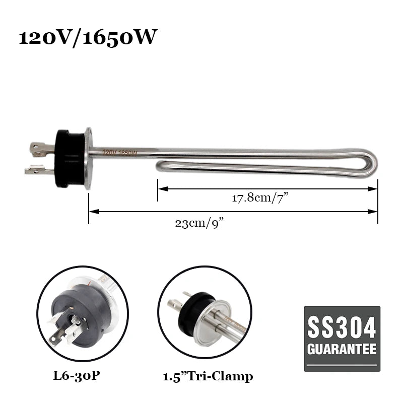 Homebrew Kettle Heating Element 1.5 Inch Tri Clamp Integrated All Stainless Steel ULWD Foldback Ripple 240v/120v