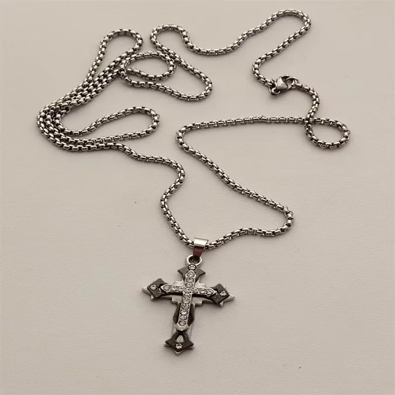 Vintage Cross Pendant Necklace Unisex Versatile Simple Long Sweater Chain Hip Hop Accessory