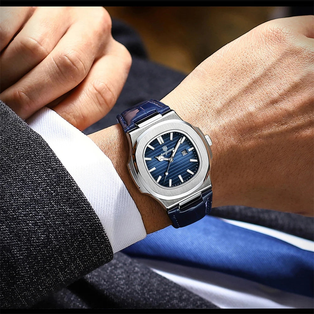 PAAZOMU Top Luxury Square Man Watch Date Waterproof Luminous Men Wristwatch High Quality Leather Men's Quartz Watches+Box Reloj