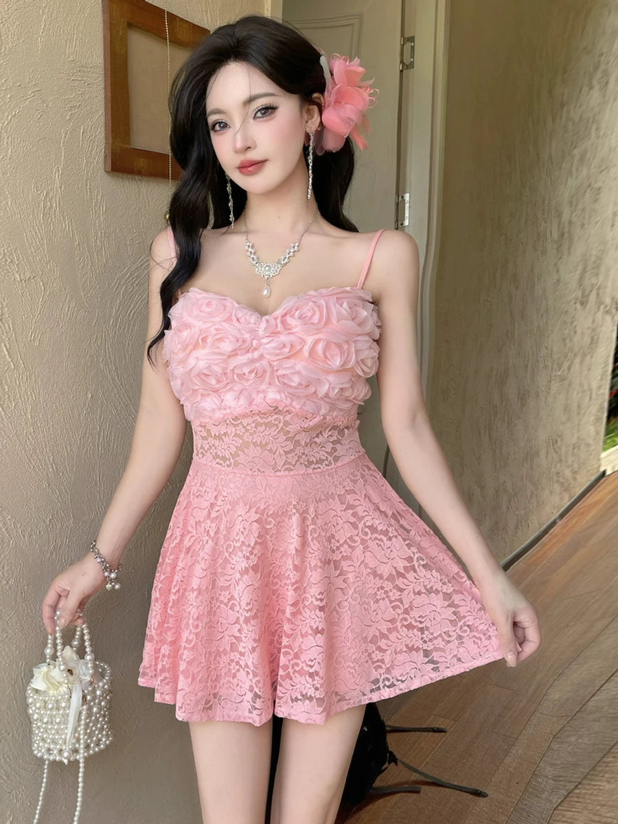 Sexy 3D Flower Lace Backless Vest Dress High Waist Slimming Embroidery Short Skirt Style Casual A-Line Silhouette V-Neck Dress