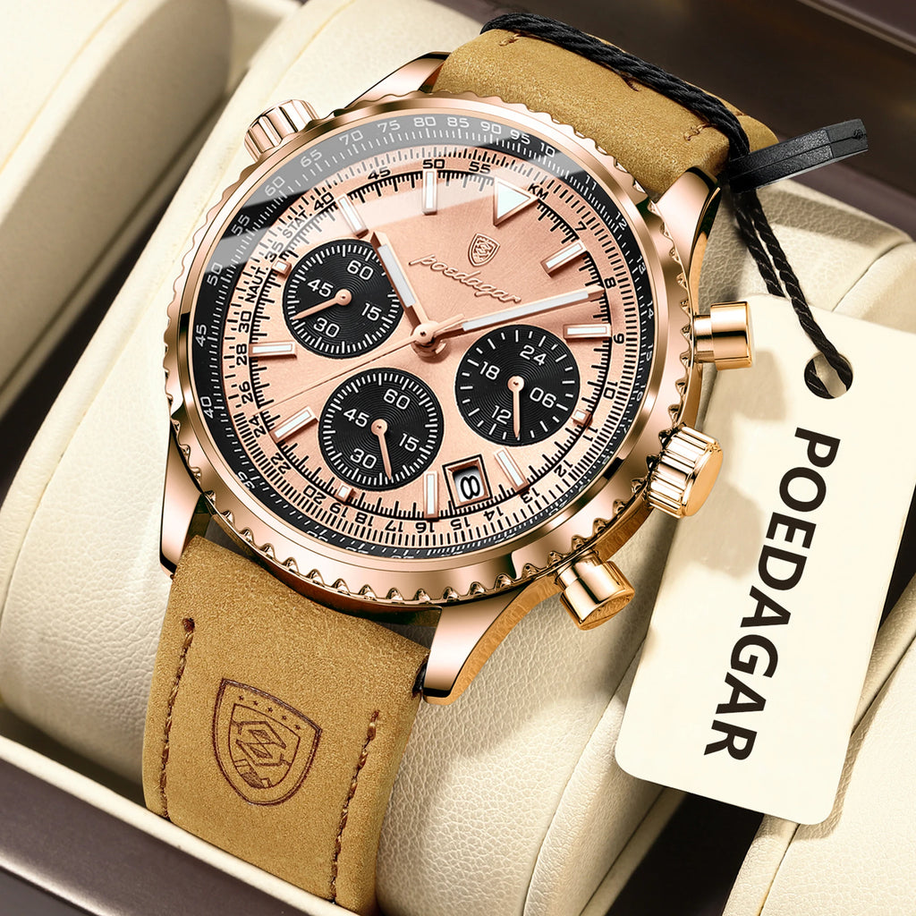 POEDAGAR Luxury Business Men's Watch Waterproof Luminous Date Chronograph Leather Man Clock Fashion Quartz Watches For Men Reloj