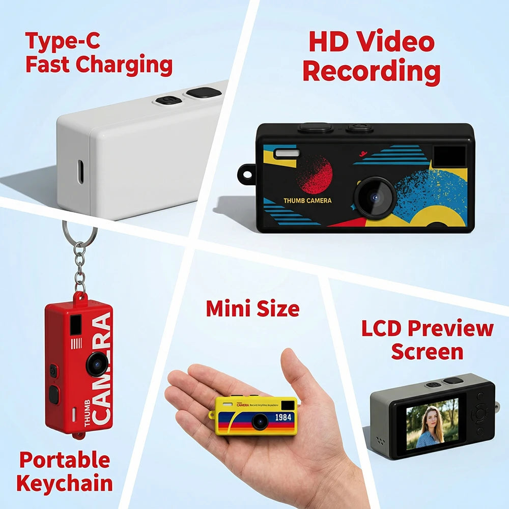 CHEGIT Thumb Keychain Camera 0.96inch Mini Action Camera Retro Support Memory Card 1080P Very Small Camcorder Video Recorder